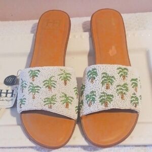 Haute Hippie White Beaded Palm Tree-Embroidered Slide Sandals 9.5 🏝🌴🏝🌴